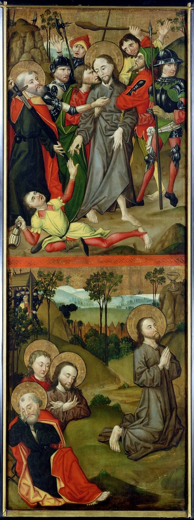 Die Verhaftung Christi und Christus im Garten Gethsemane, Tafel von einem Altarbild mit Szenen der Passion und Heiligen, 1490 von Master of the Luneburg Footwashers